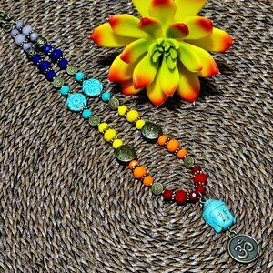 Artisan Necklace Buddha Om Aum Symbol Chakras Rainbow Colors Antique Gold Beads